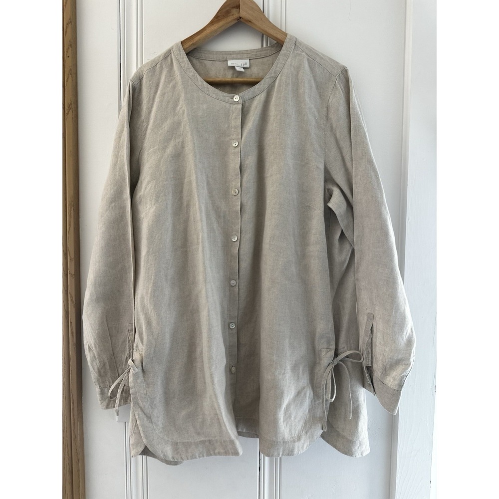 J Jill 100% Linen Button Down Top Taupe Neutral Minimalist Relaxed Fit L